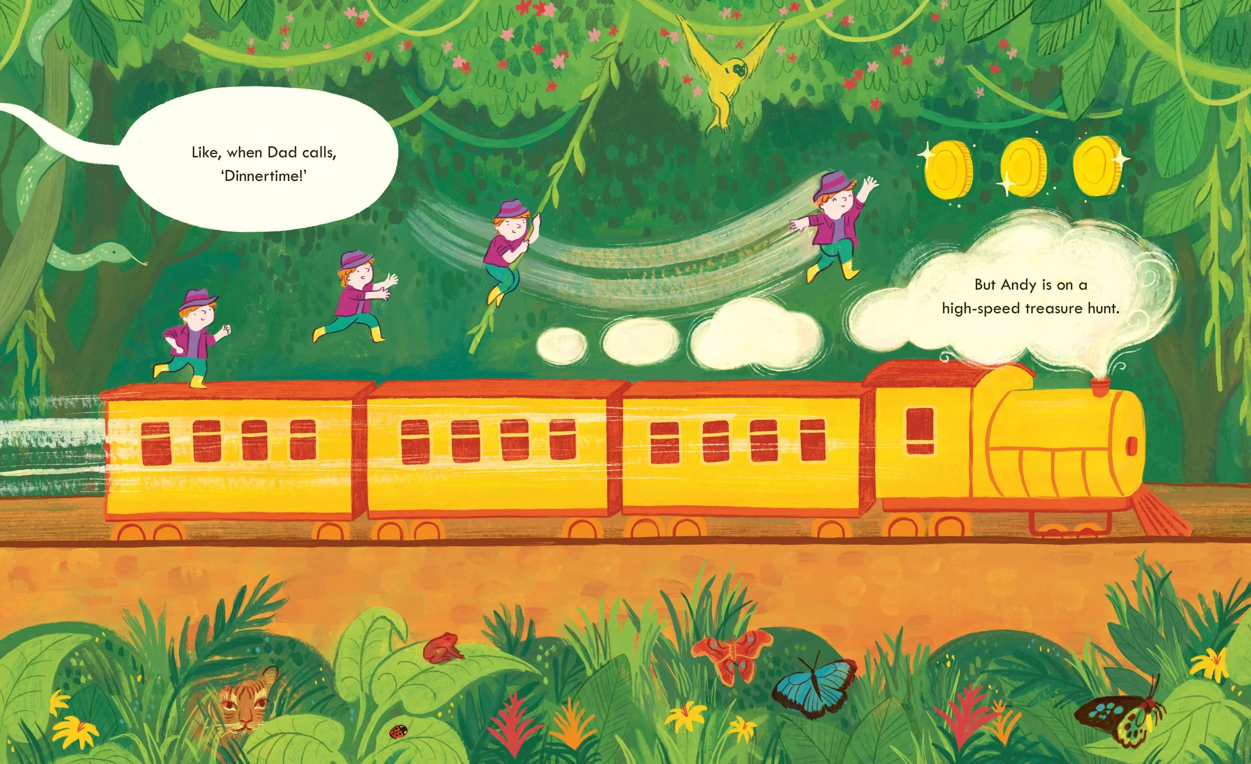 An illustration from children's picture book Train of Thought by Jess Horn and Hayley Wells. The illustration shows a yellow steam train moving through a jungle. The artwork is vibrant and painterly and includes lots of details to spot.