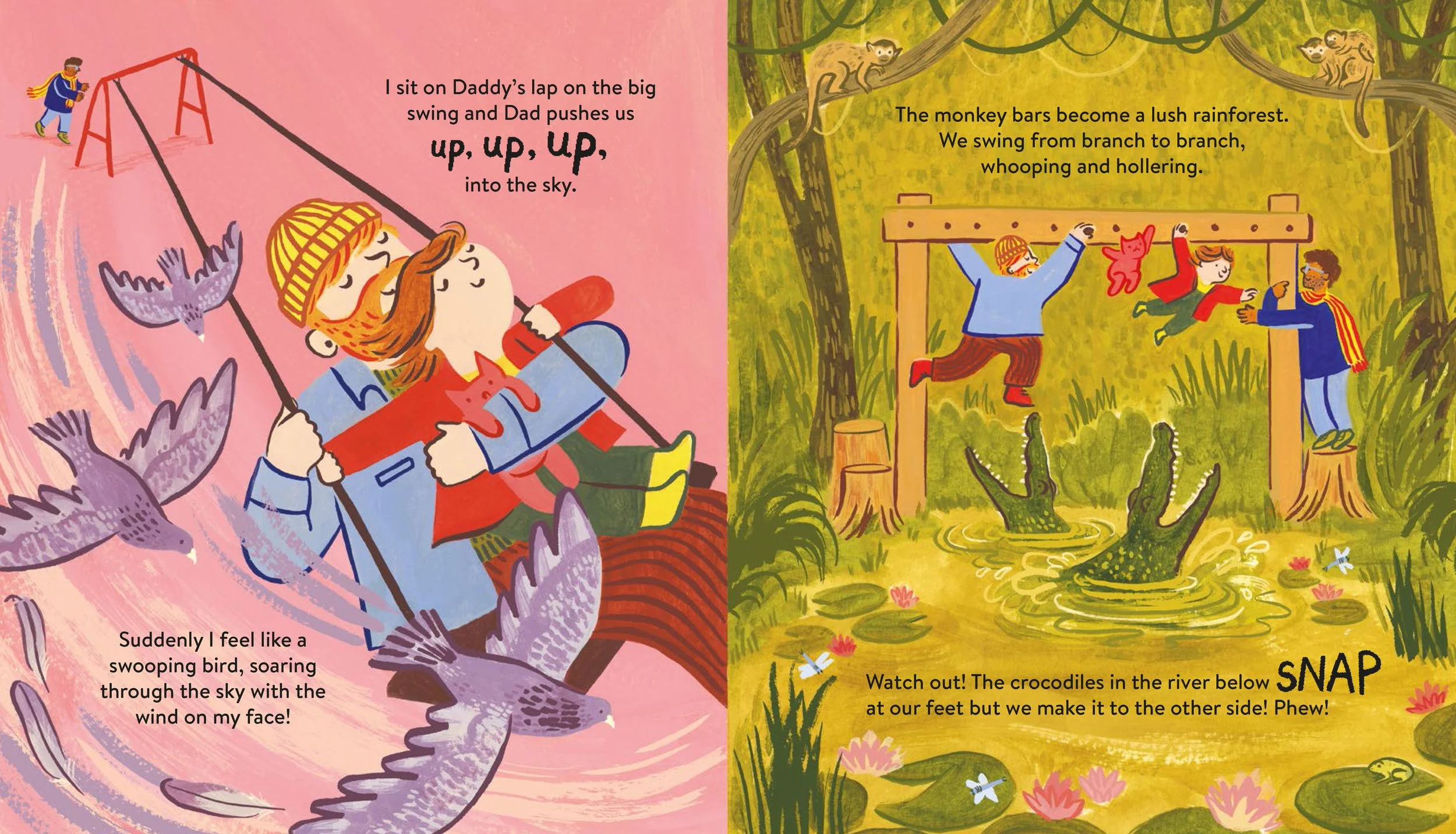A soft, friendly, painterly illustration from Superheroes in the Park by Ian Eagleton and Hayley Wells. The artwork shows a parent and child on the swings with birds flying alongside, and a set of monkey bars in an imaginary jungle.