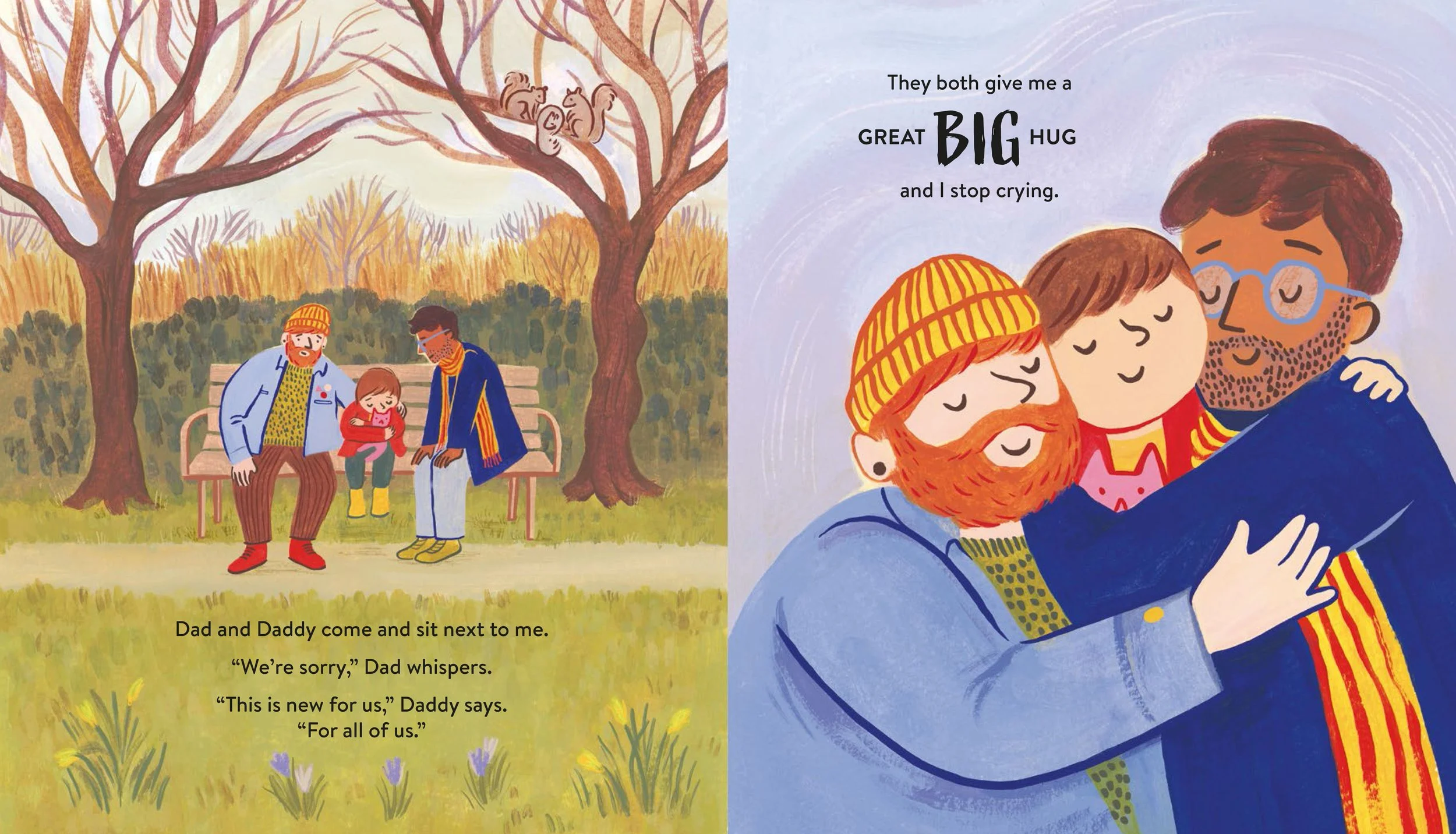 A soft, friendly, painterly illustration from Superheroes in the Park by Ian Eagleton and Hayley Wells. The artwork shows an emotional scene with an LGBT family comforting their young child.