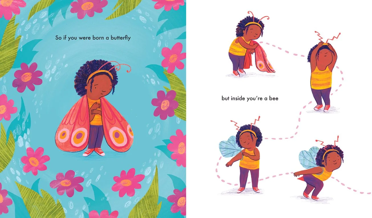 A young black girl dressed as a butterfly is surrounded by flowers. She looks sad. On the opposite page she is changing her costume to become a bee instead.