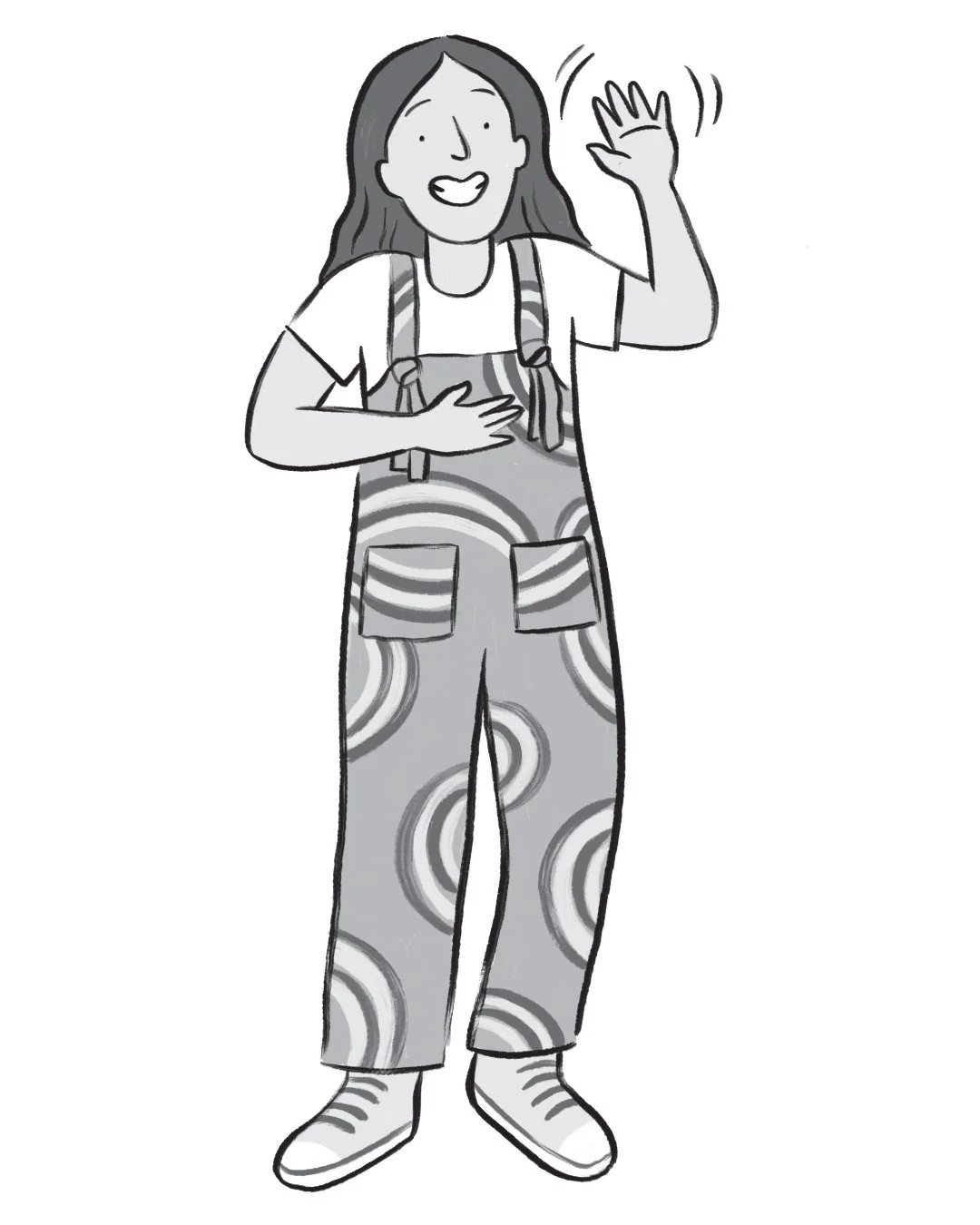A black and white character illustration by Hayley Wells from Moving On Up! by comedian Rosie Jones. The illustration shows Rosie Jones wearing a pair of Lucy & Yak style dungarees and waving happily to the reader. The illustration is fun and playful