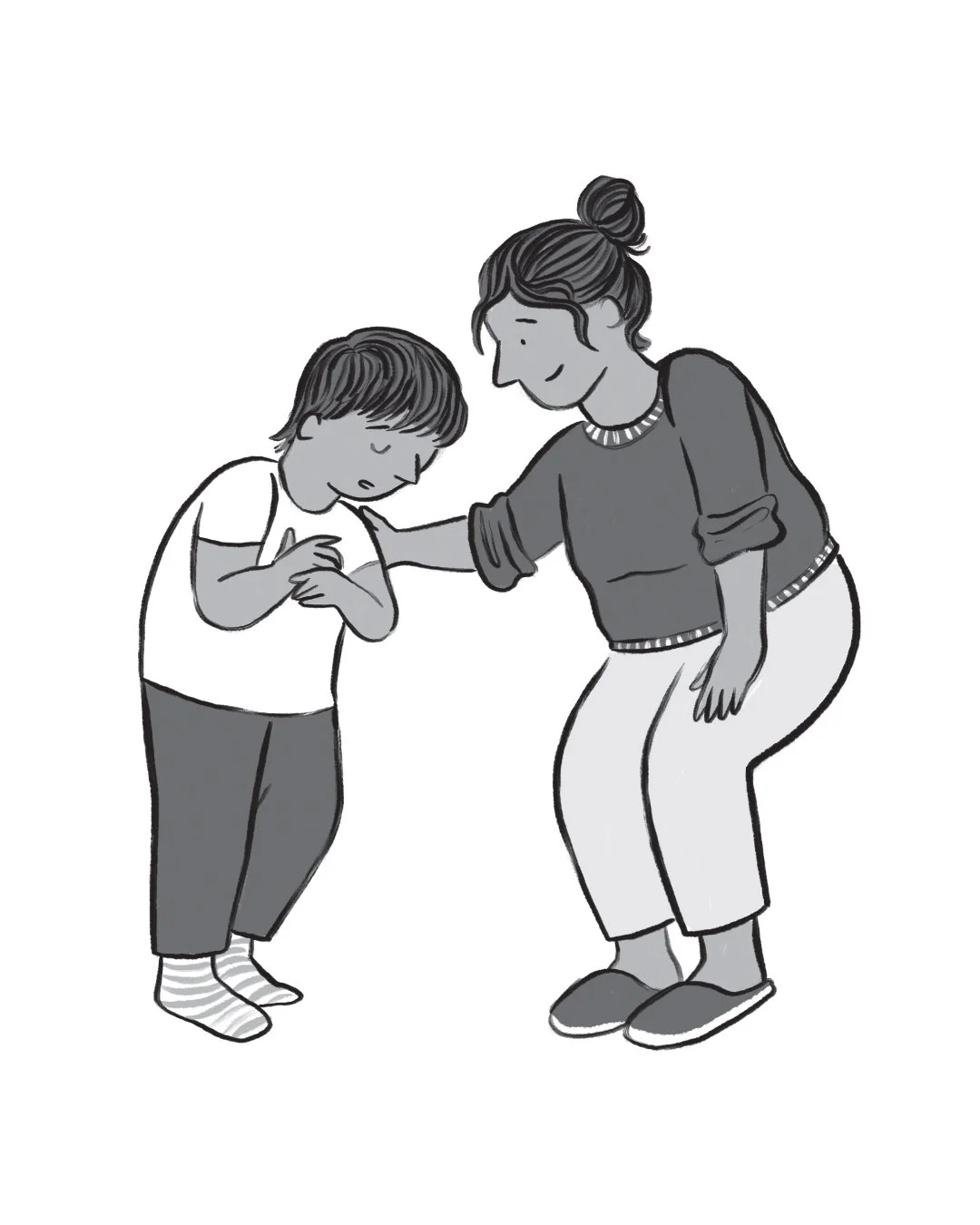A black and white character illustration by Hayley Wells from Moving On Up! by comedian Rosie Jones. The illustration shows an Asian mother comforting her young son who appears to be upset. The illustration is fun and playful with expressive line. 