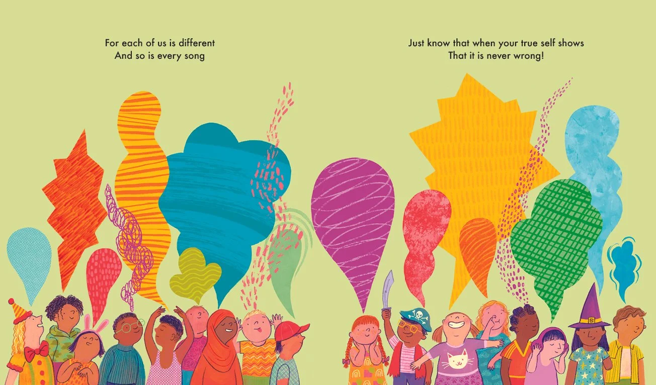 A diverse crowd of children, each with speech bubbles coming from their bodies.