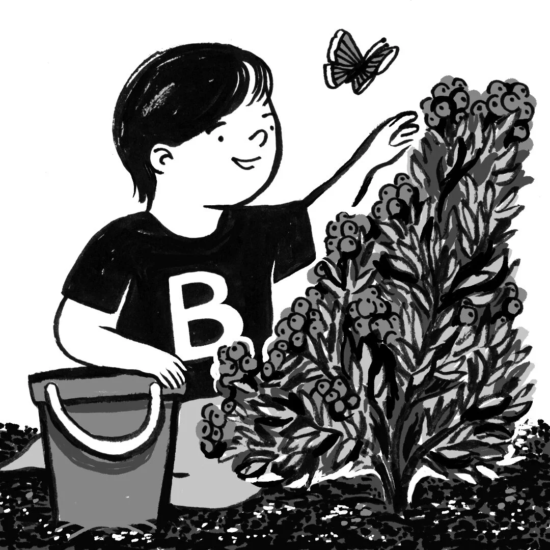 A black and white children’s illustration by Hayley Wells. The illustration uses expressive line work and texture to create a playful image of a child picking berries.