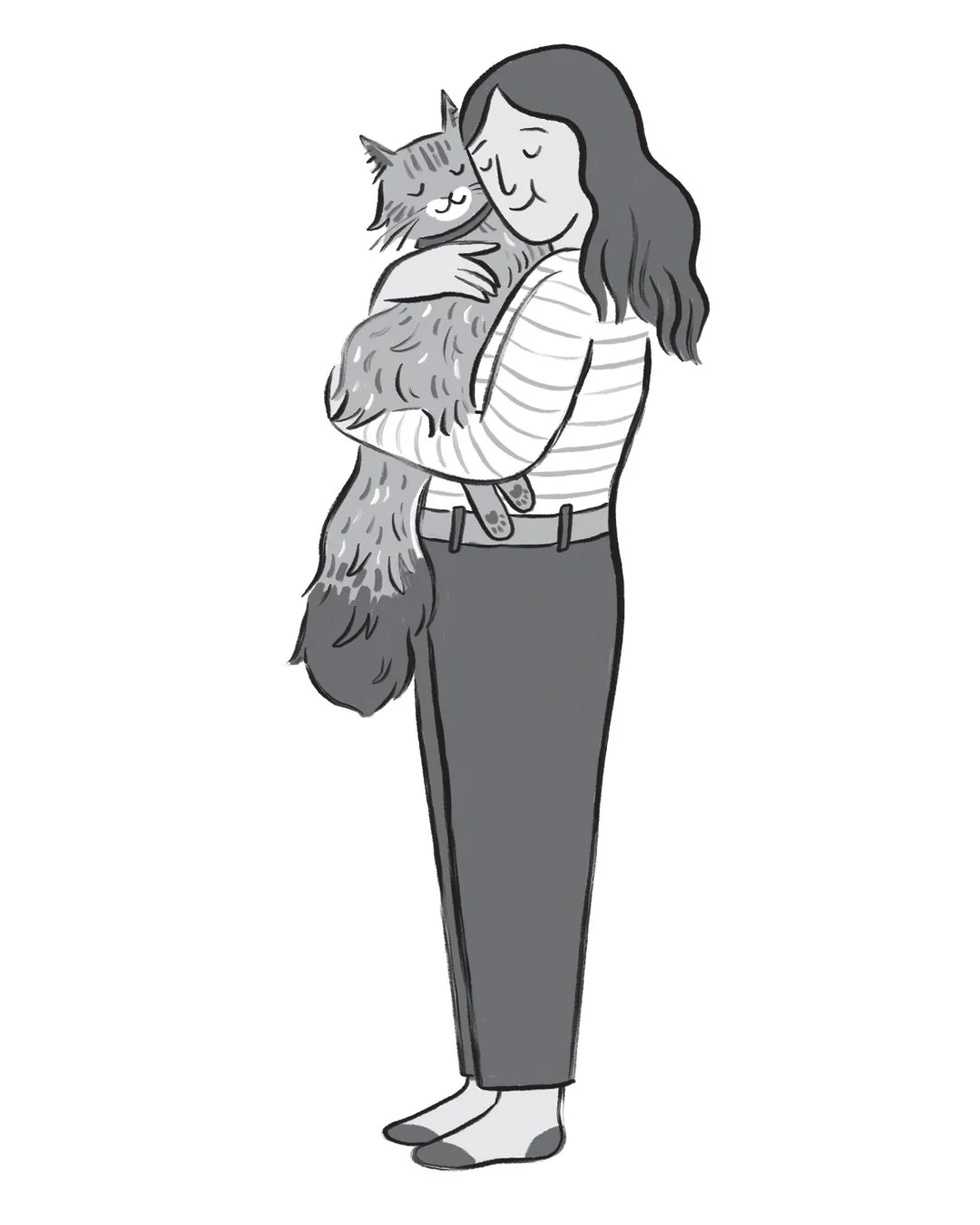 A black and white character illustration by Hayley Wells from Moving On Up! by comedian Rosie Jones. The illustration shows Rosie Jones wearing jeans and a striped shirt whilst lovingly cuddling her cat, Floofy. The illustration is fun and playful wi