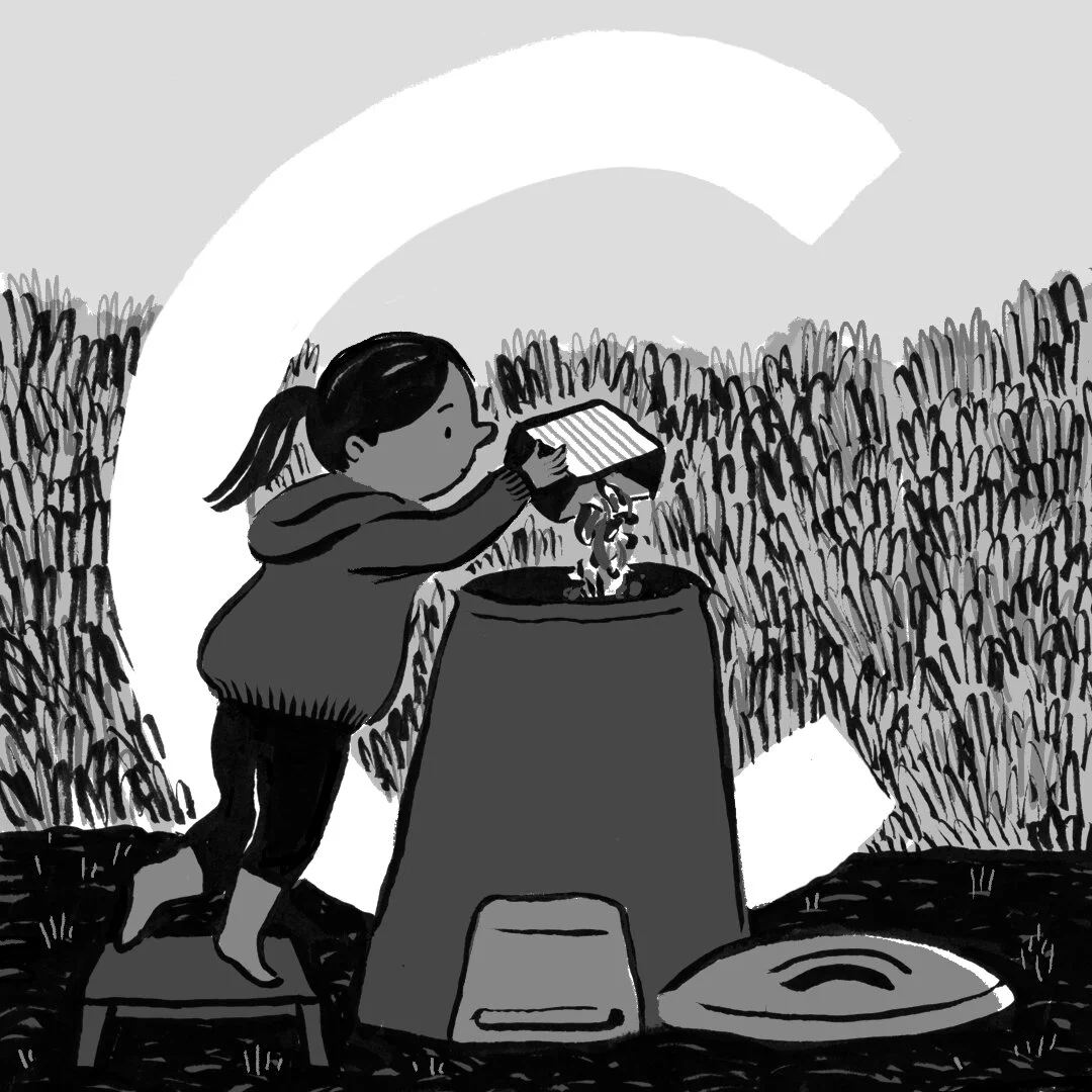 A black and white children’s illustration by Hayley Wells. The illustration uses expressive line work and texture to create a playful image of a child emptying a compost bin.
