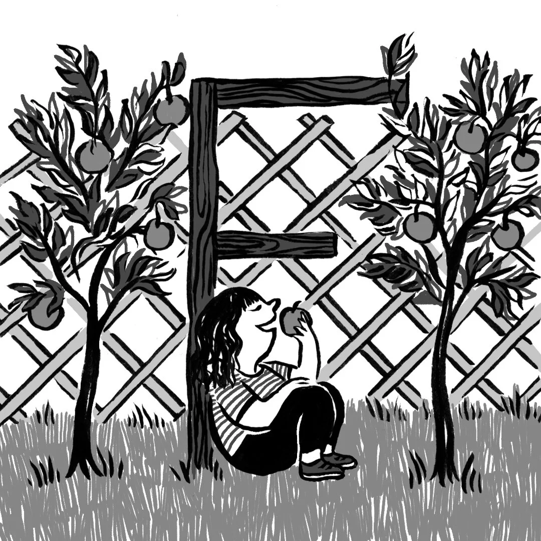 A black and white children’s illustration by Hayley Wells. The illustration uses expressive line work and texture to create a playful image of a child eating an apple underneath some fruit trees.