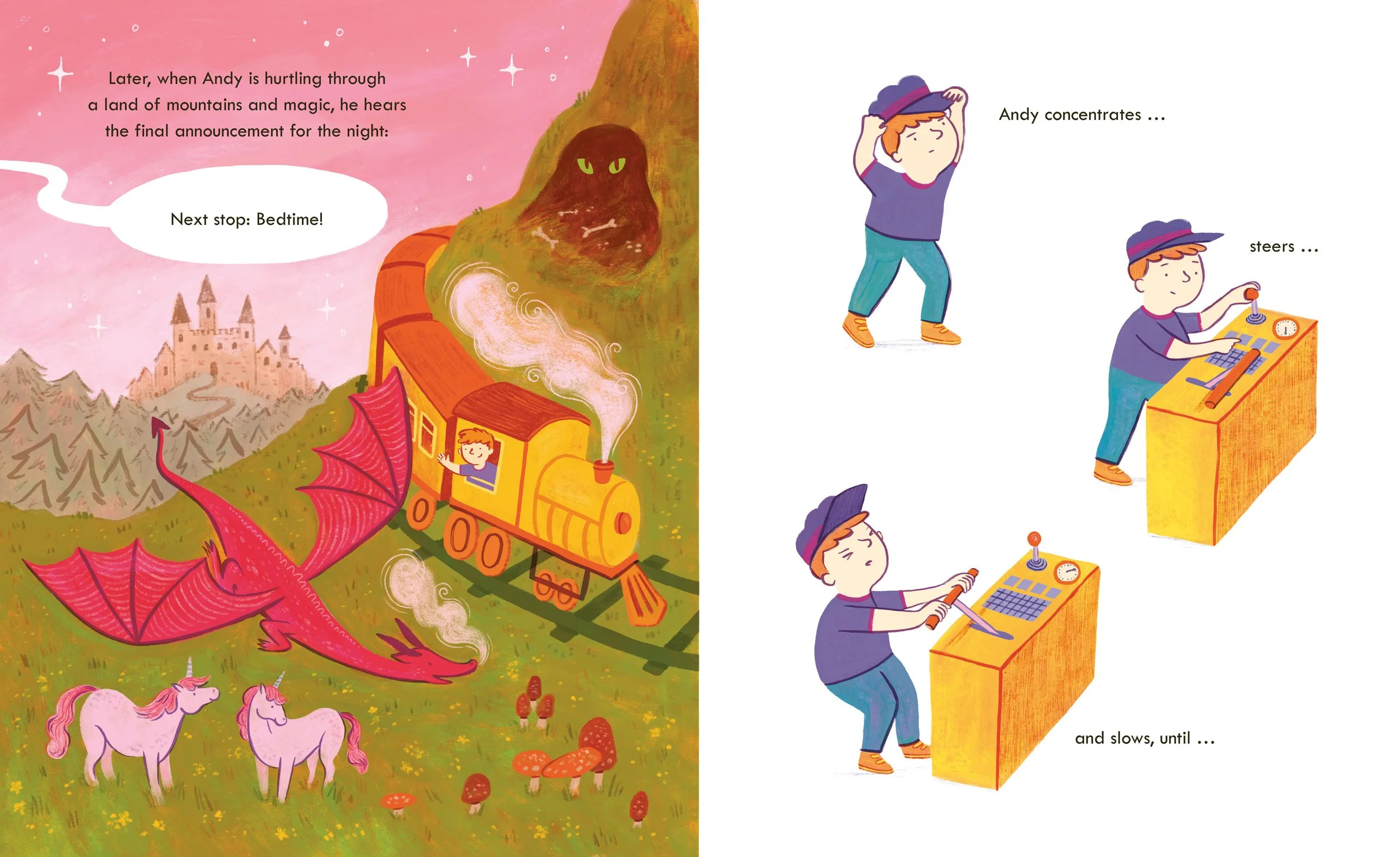 An illustration from Train of Thought by Jess Horn and Hayley Wells. A yellow steam engine is riding round a fantasy landscape alongside a dragon and unicorns. There is a spooky cave above and a magical castle in the background.