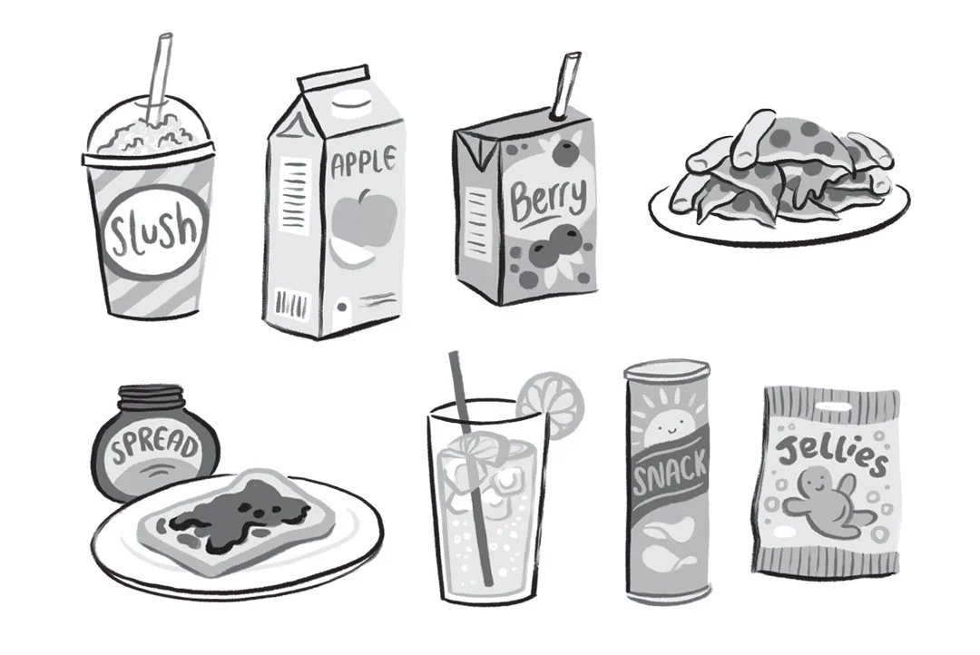 Black and white illustrations by Hayley Wells from Moving On Up! by comedian Rosie Jones. The illustrations include various drinks and snacks with playful hand drawn typography. The illustrations are fun and joyful with expressive line. 