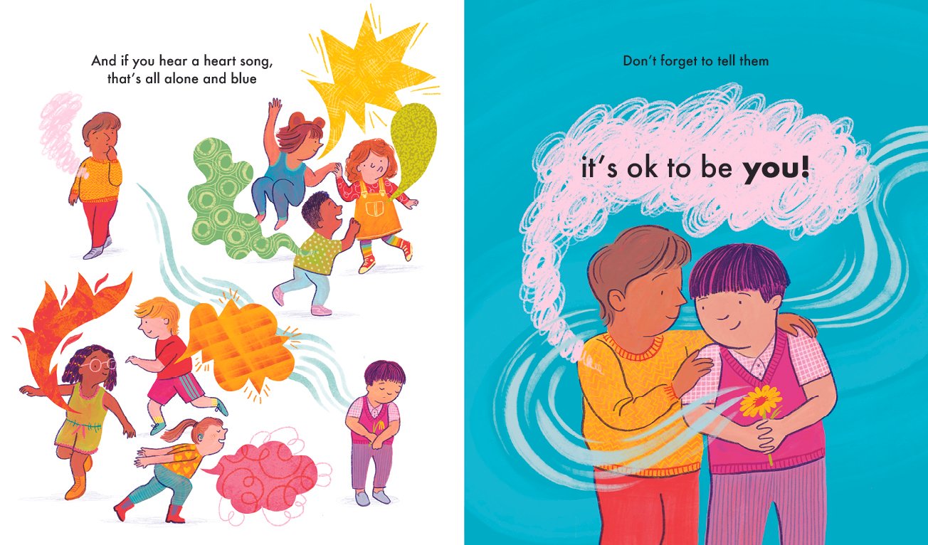 A diverse group of children are playing together excitedly while two boys seem shy. One of them comforts the other one.