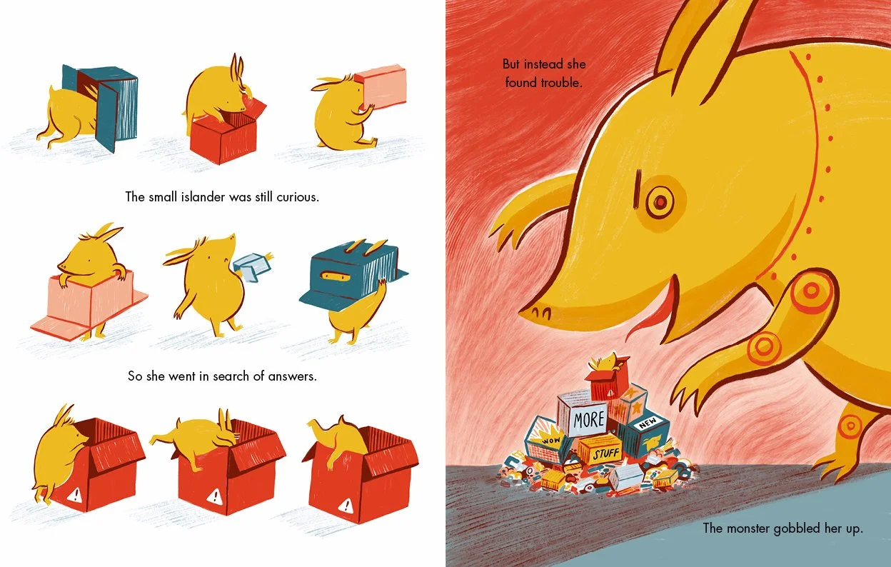 On the left a small yellow creature is seen climbing in and out of variously shaped boxes. On the right the small creature is amongst a pile of boxes while the big monster looms over her. 