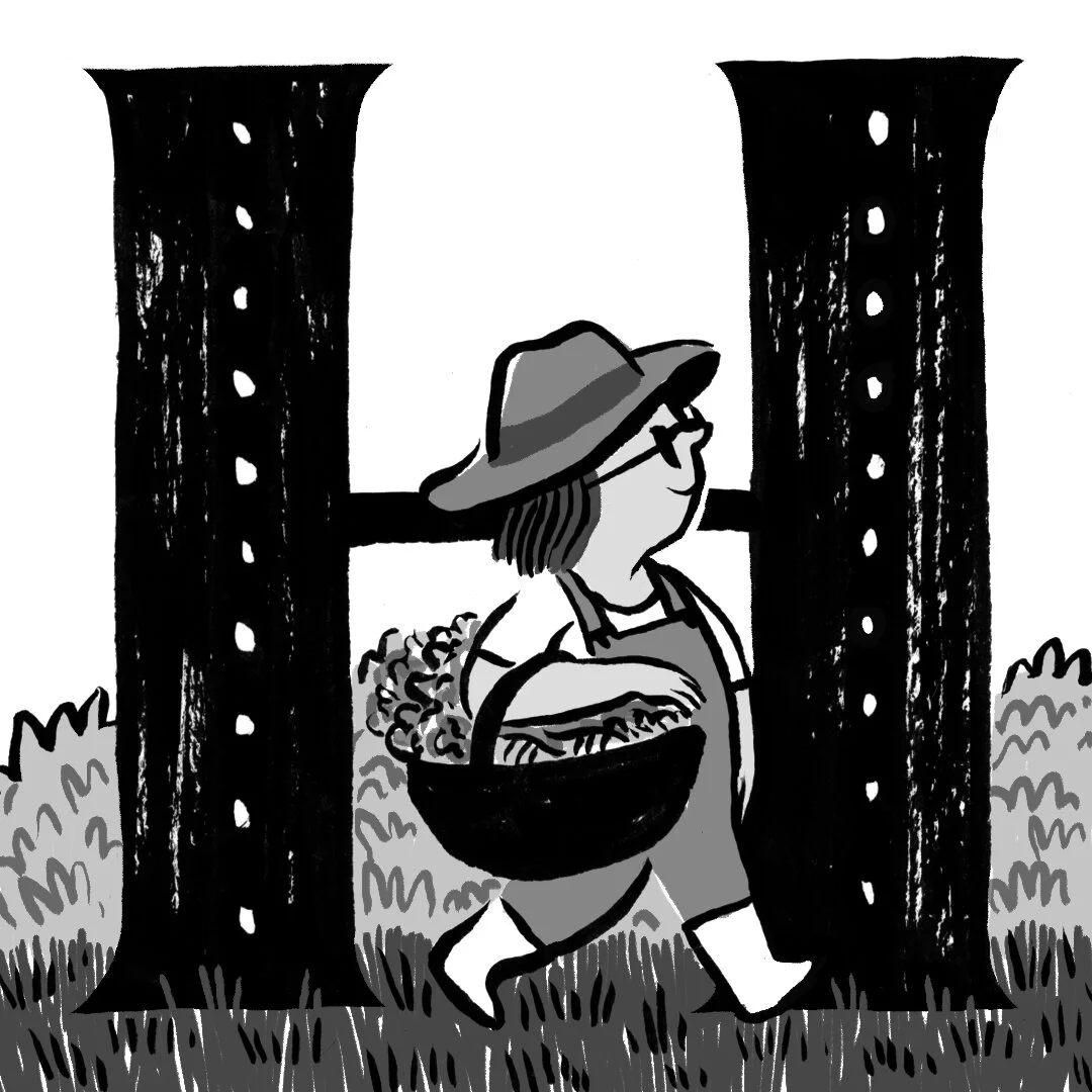 A black and white children’s illustration by Hayley Wells. The illustration uses expressive line work and texture to create a playful image of a child carrying a harvest basket to the garden.