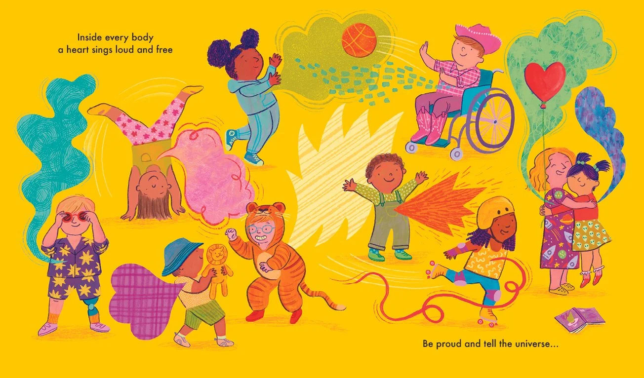 A bold, textured and colourful illustration by childrens illustrator Hayley Wells. The friendly artwork shows a diverse group of children expressing themselves in positive, confident ways.