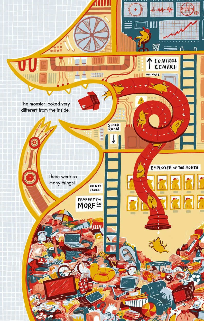 A cross-section image of the monster, revealing that it is, in fact, a machine. The monster's belly is full of useless objects and a small yellow creature sits in a control room at the top.