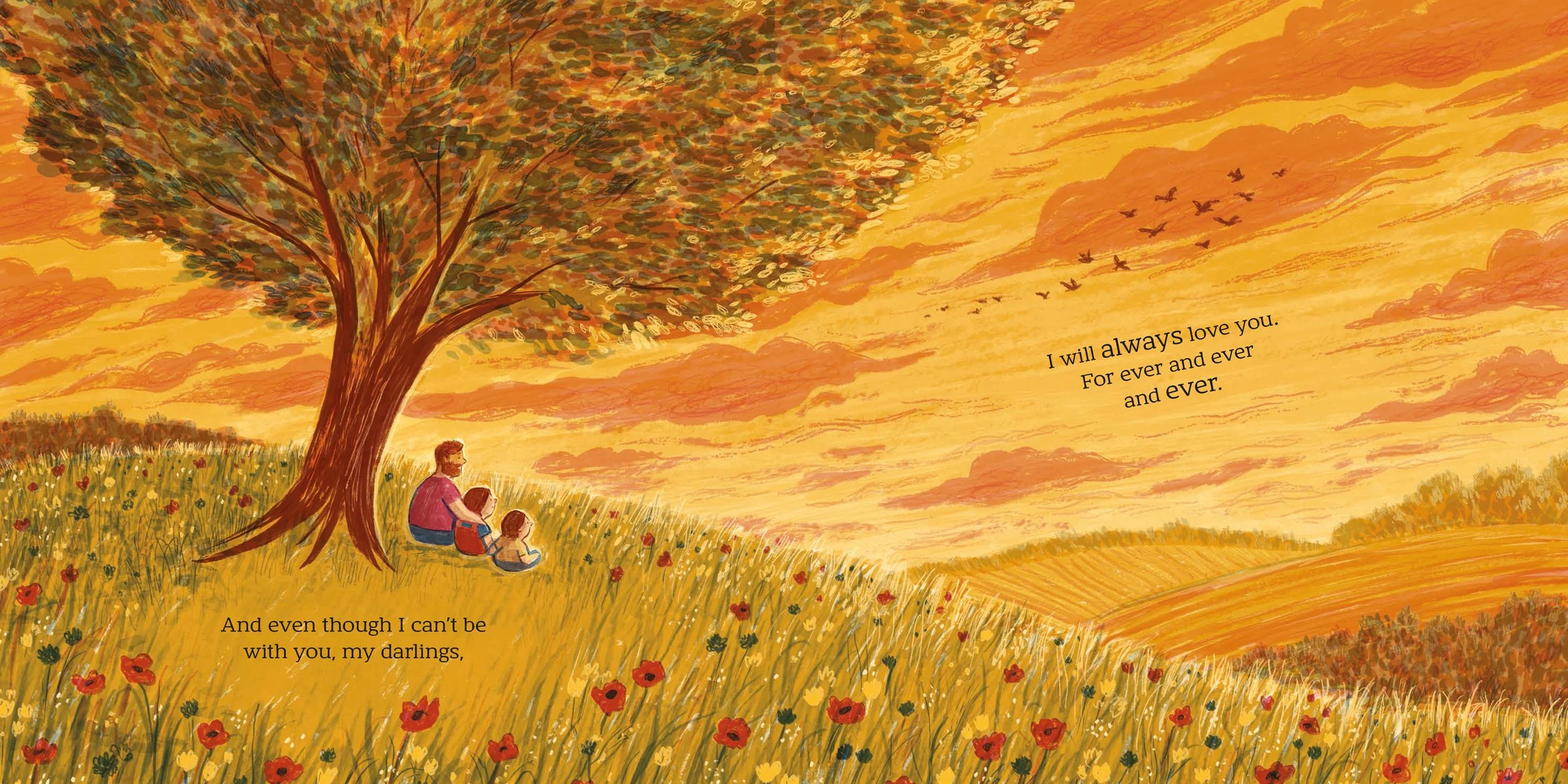 A father and two children sit underneath a tree looking out across a warm, yellow landscape. There is a field of wildflowers in the foreground and a flock of birds flying off in the distance.