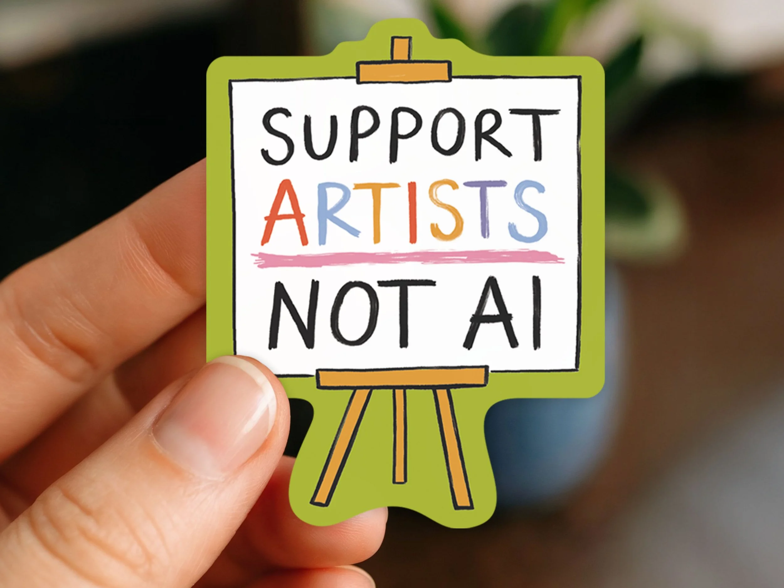A white woman's hand holds a sustainable, recycled paper sticker that says: Support Artists, Not AI. The bright and bold sticker is illustrated by Hayley Wells using a limited colour palette and handdrawn typography.