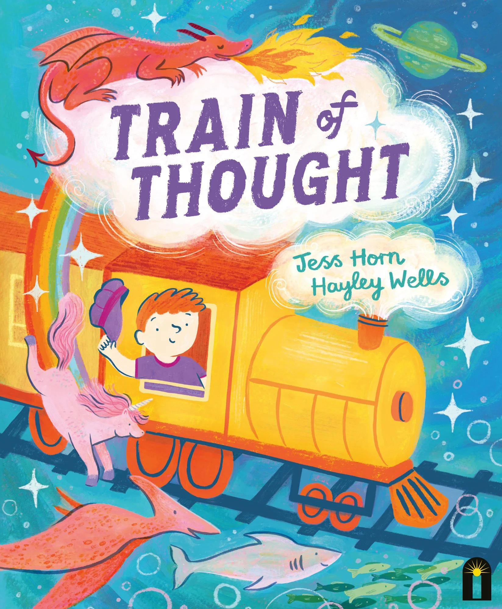 The front cover of Train of Thought, a picture book written by Jess Horn and illustrated by Hayley Wells. The cute, colourful illustration shows a small boy waving from the driver's seat of a yellow steam engine. He is surrounded by things from his i