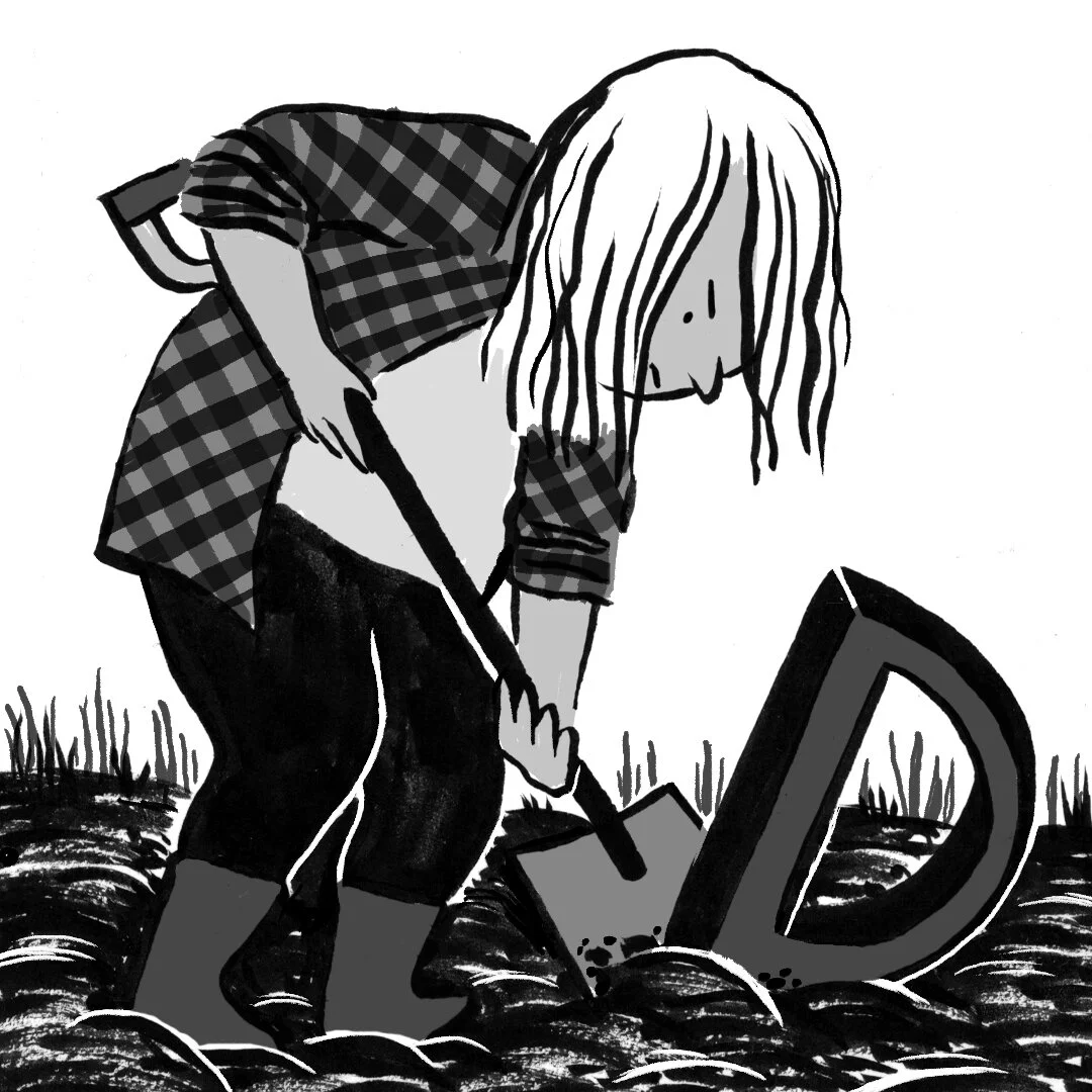 A black and white children’s illustration by Hayley Wells. The illustration uses expressive line work and texture to create a playful image of a child digging in soil.