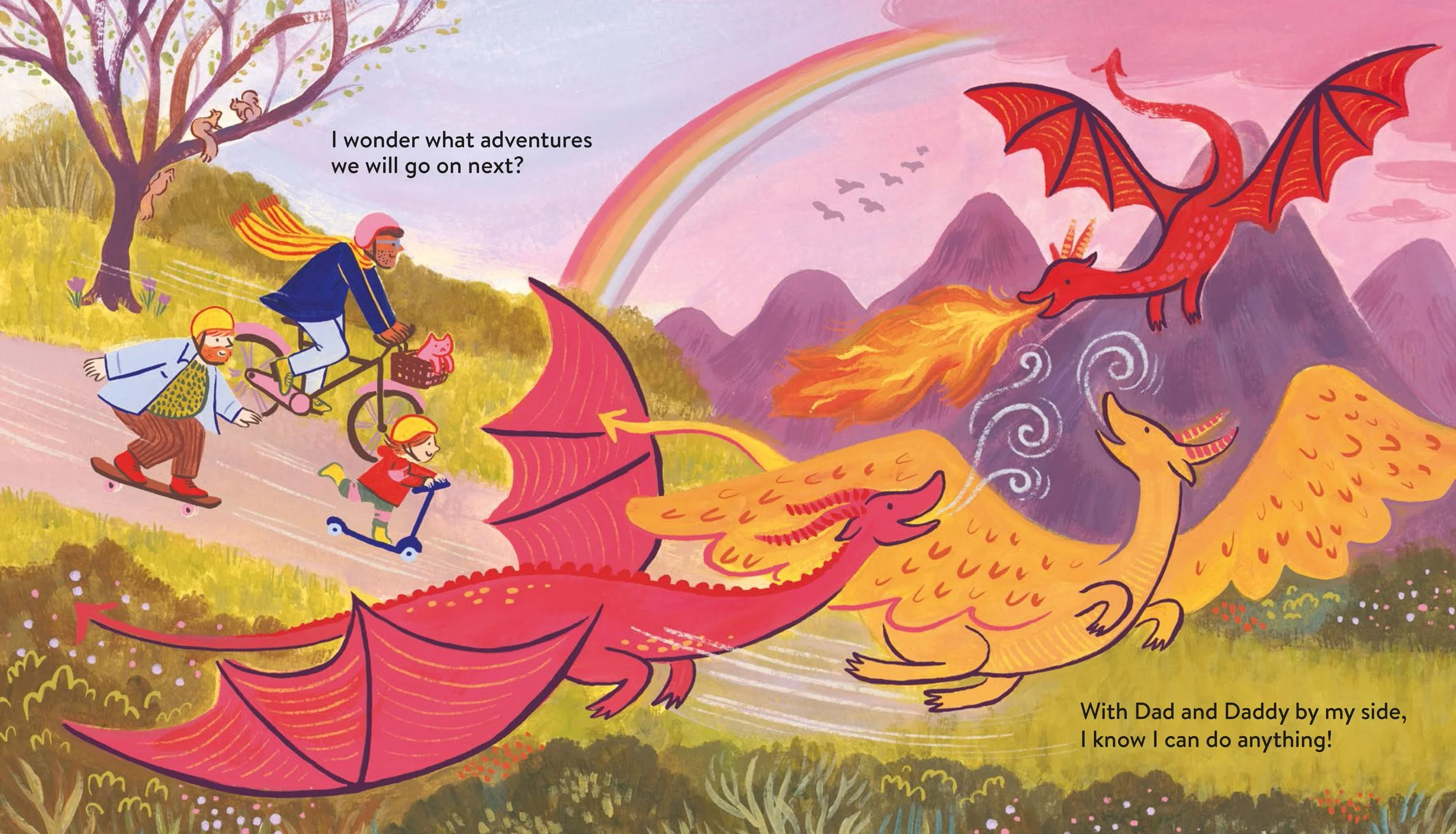A soft, friendly, painterly illustration from Superheroes in the Park by Ian Eagleton and Hayley Wells. The artwork shows an LGBT family in the park with imaginary dragons around them and a rainbow in the background.