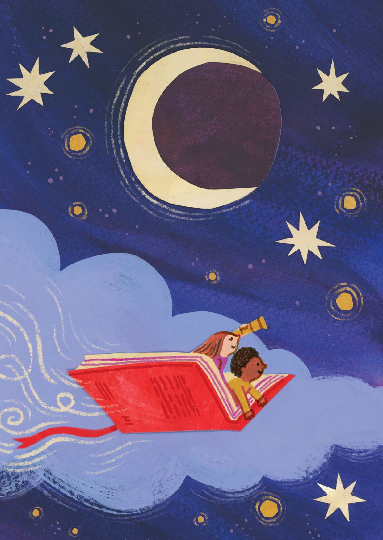 A bold, collage-style illustration by Hayley Wells showing two diverse children riding in the night sky on an oben book. The textured illustration feels handmade with its limited colour palette and cut out shapes.