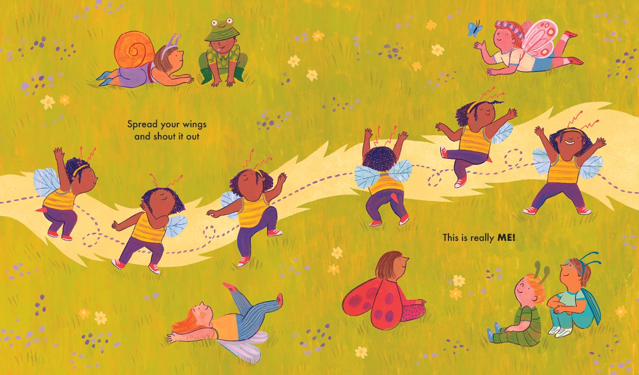 A young black girl dressed as a bee dances her way through a field of grass and flowers. Other children surround her and they are all dressed as garden creatures.
