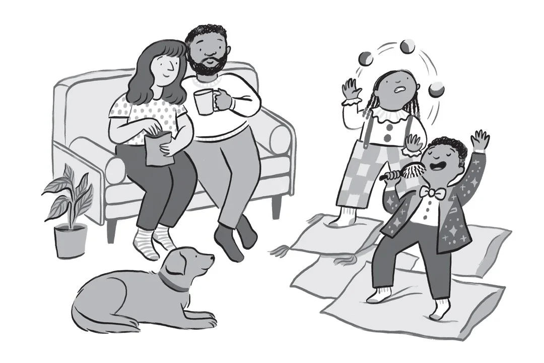 A black and white character illustration by Hayley Wells from Moving On Up! by comedian Rosie Jones. The illustration shows a diverse family with a Black father and children. The children are performing a DIY talent show for their parents. The illust