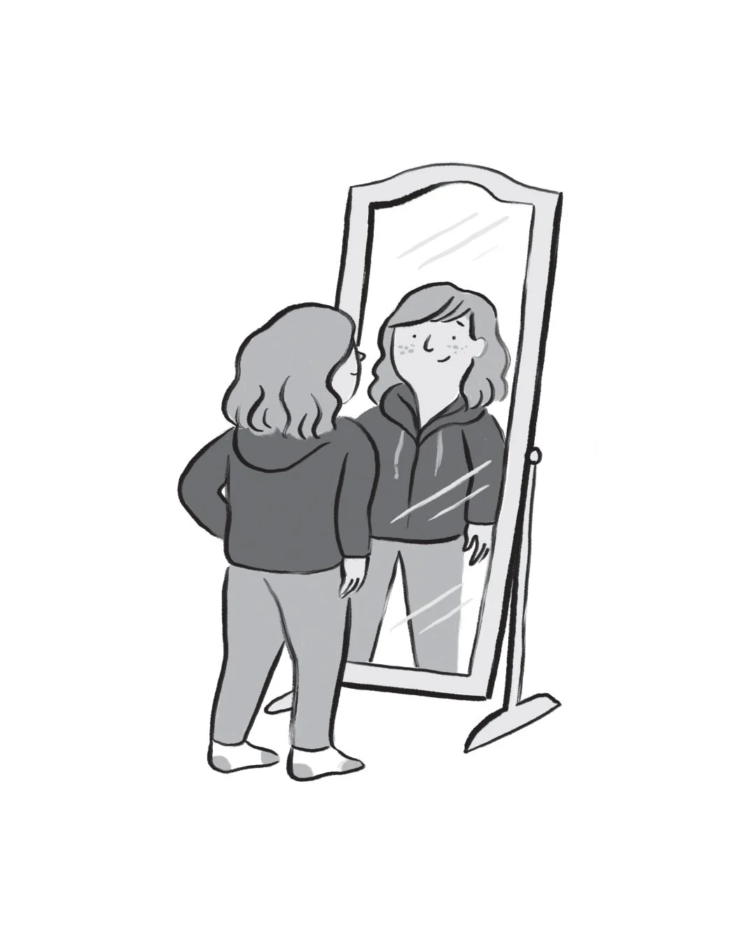 A black and white character illustration by Hayley Wells from Moving On Up! by comedian Rosie Jones. The illustration shows a pre-teen girl looking into a mirror. She is smiling as if she is confident about her outfit. The illustration is fun and pla