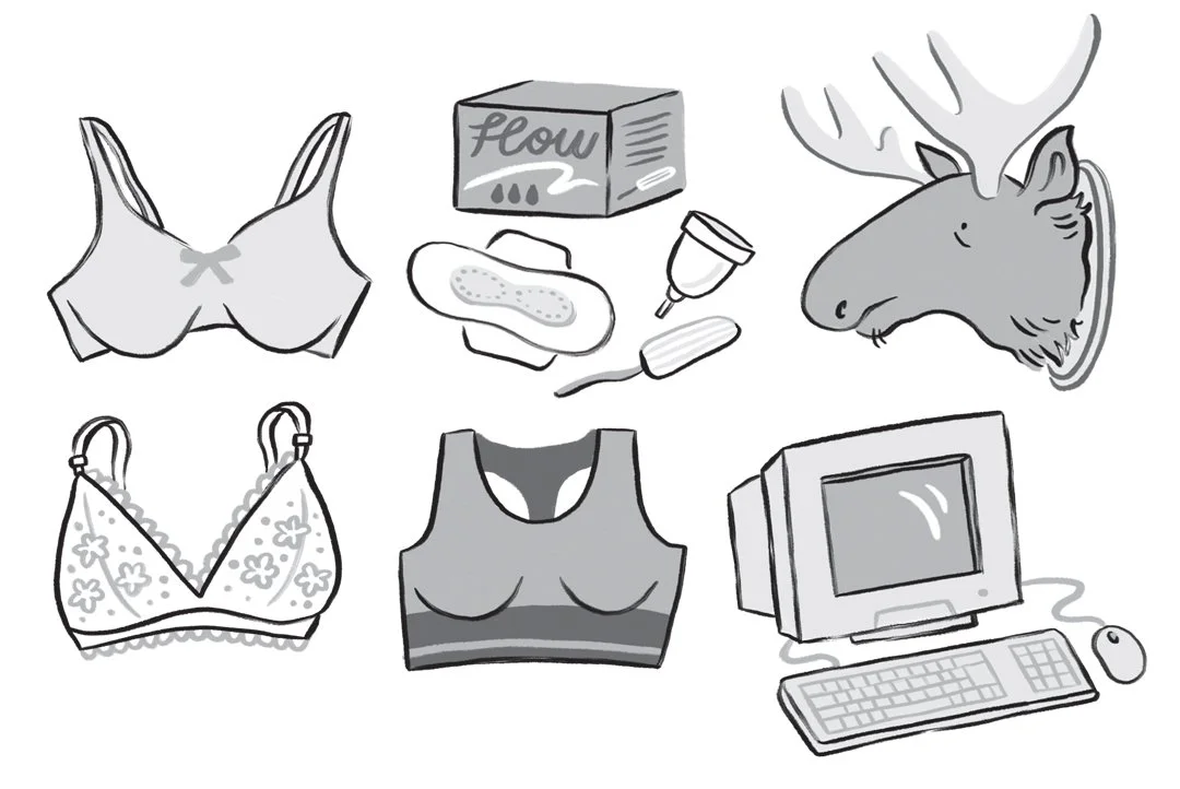 Black and white illustrations by Hayley Wells from Moving On Up! by comedian Rosie Jones. The illustrations include various bras, period products, a taxidermy moose head and a retro 90s computer. The illustrations are fun and playful with expressive 