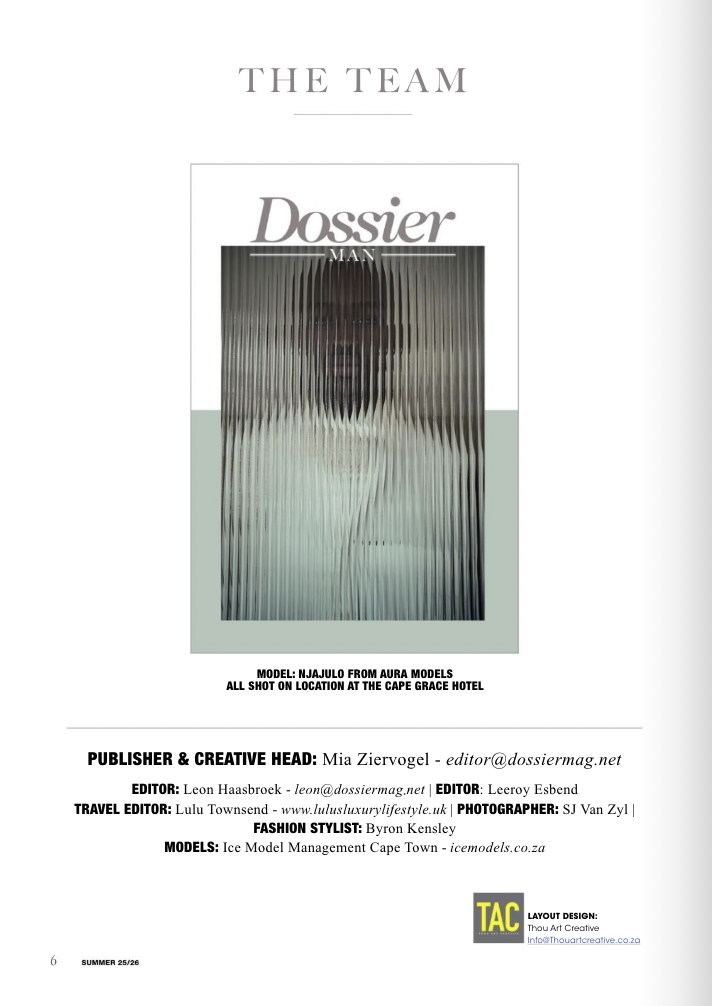 Travel Editor of 2025 issue of Dossier Magazine Man