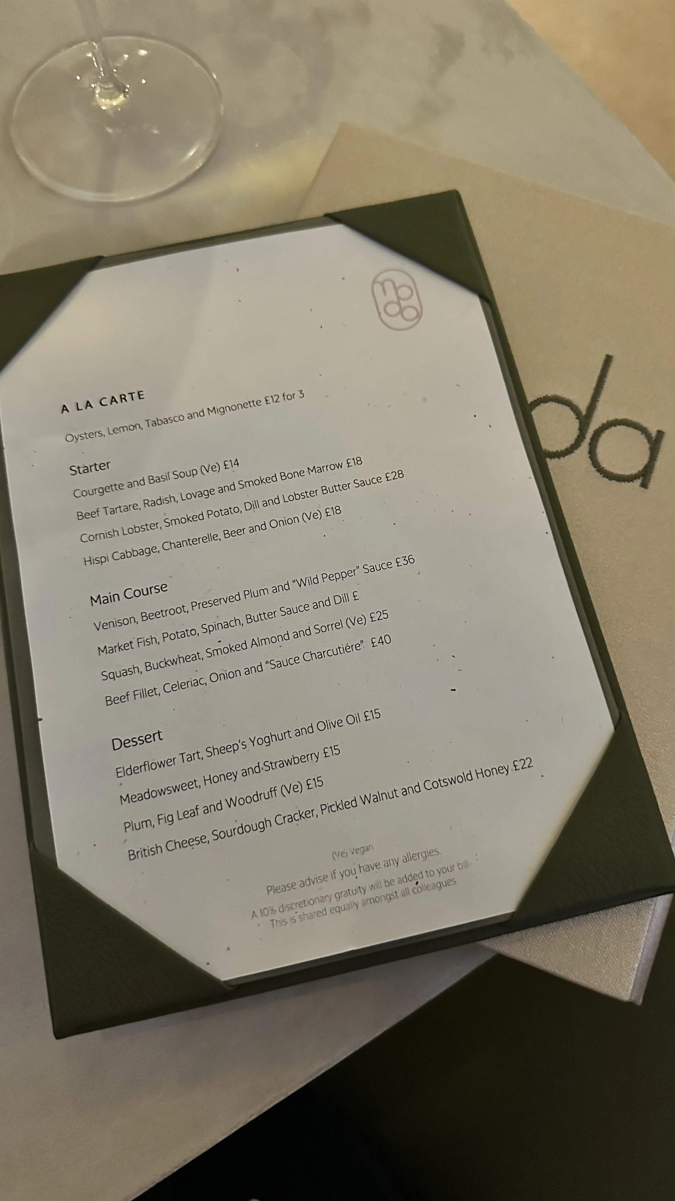 Menu at Moda