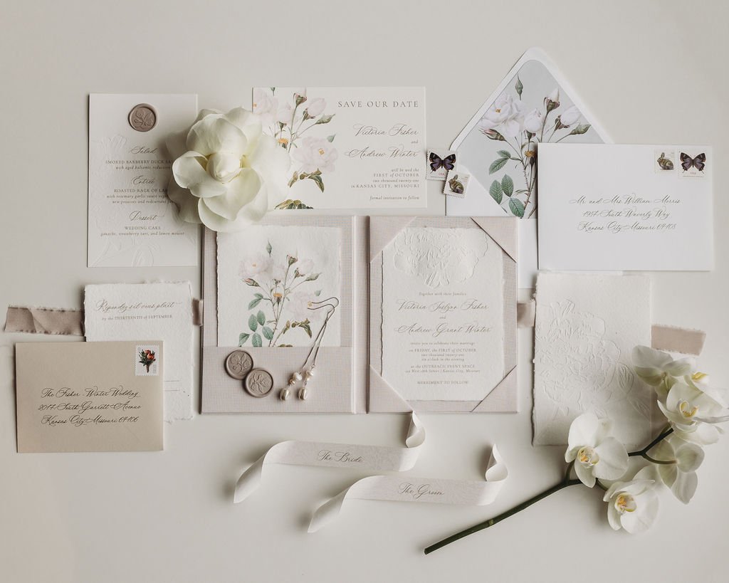 Romantic modern neutral wedding stationery and invitation suite
