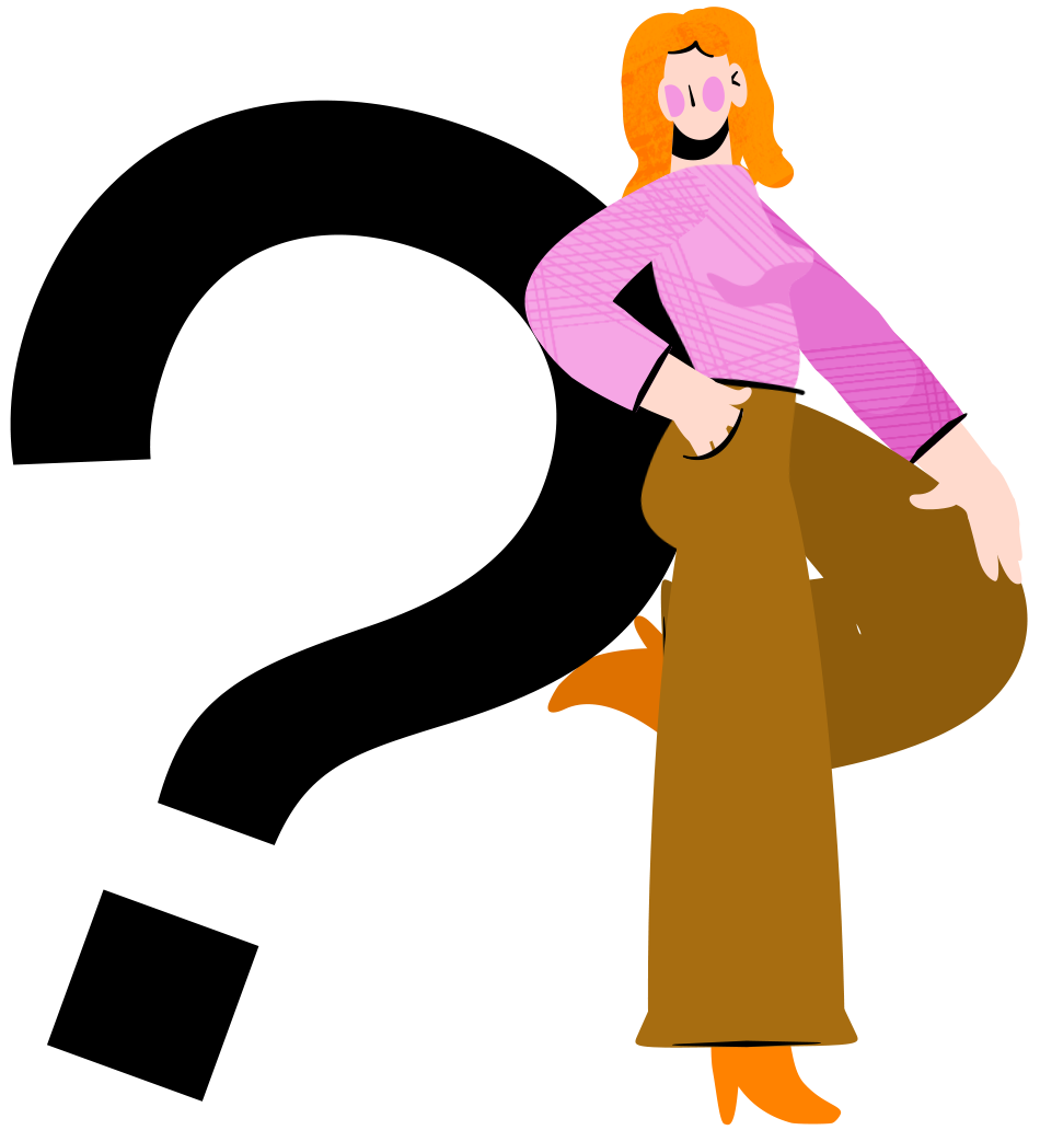 Stylized female character illustration leaning on a large question mark, symbolizing motion design FAQ or customer support