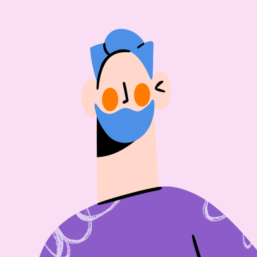 Stylized avatar of a blue-haired character in a circular frame, used as a team profile or creative studio icon
