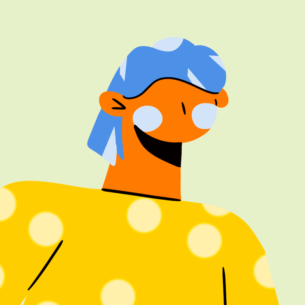 Flat avatar illustration of a smiling orange-skinned character with blue hair and yellow polka dot shirt in circular frame, used for team profiles or brand visuals