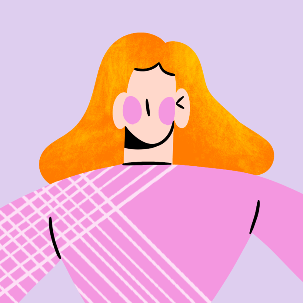 Flat design female character with orange hair and pink shirt, styled for motion graphics and brand illustration