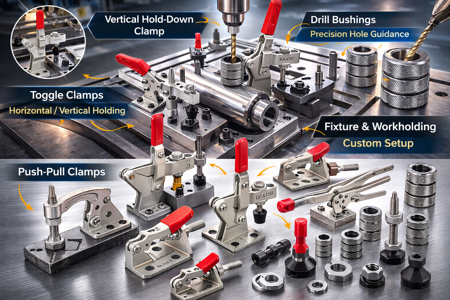 Toggle clamps, drill bushings, and fixture system used in industrial workholding to improve holding capacity, precision, and production efficiency.