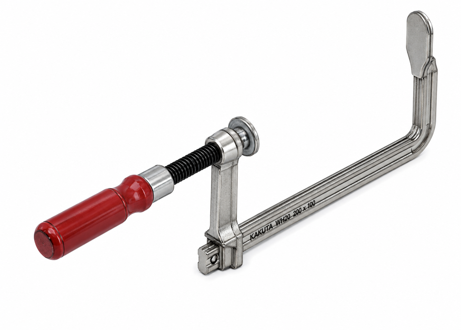 Kakuta WH20 F-Clamp with a red wooden handle, forged steel rail, sliding spindle, and deep-reach fixed arm, isolated on a white background for industrial workholding and fixture applications.