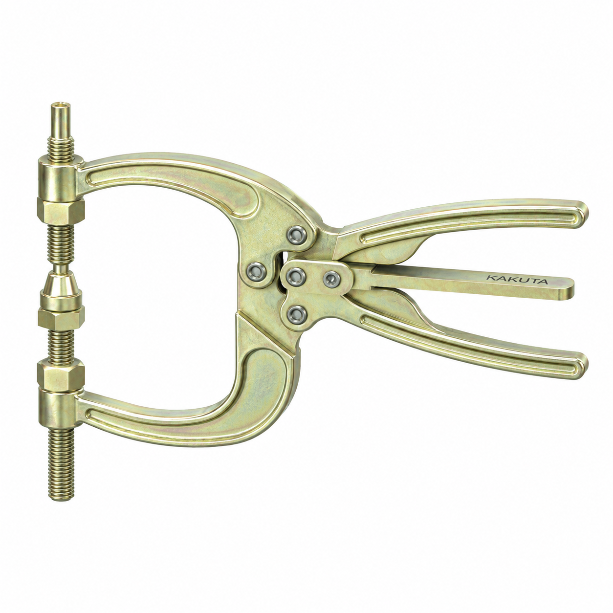 KAKUTA SA 550 toggle clamping plier with forged steel jaws, two opposing spindle assemblies and a release lever between the handles