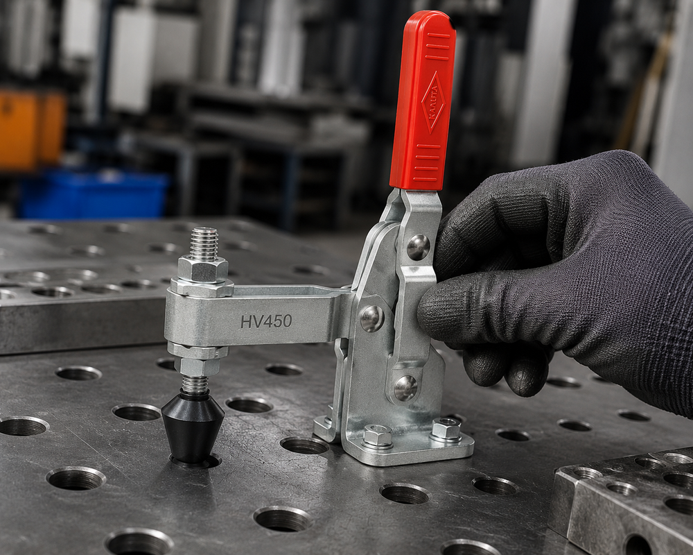 Gloved hand inspecting the pivot pins and spindle of a zinc-plated steel toggle clamp with a red handle on a machine-shop fixture plate