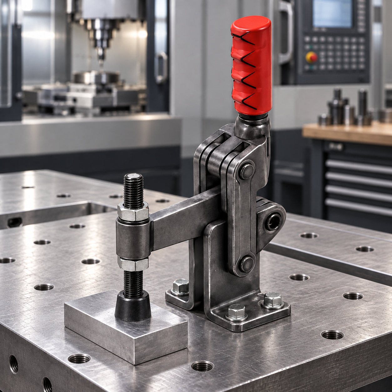 A KAKUTA VH100 vertical hold-down toggle clamp bolted through its base mounting holes onto a flat steel fixture plate, hold-down spindle positioned over the workpiece, illustrating correct toggle clamp installation