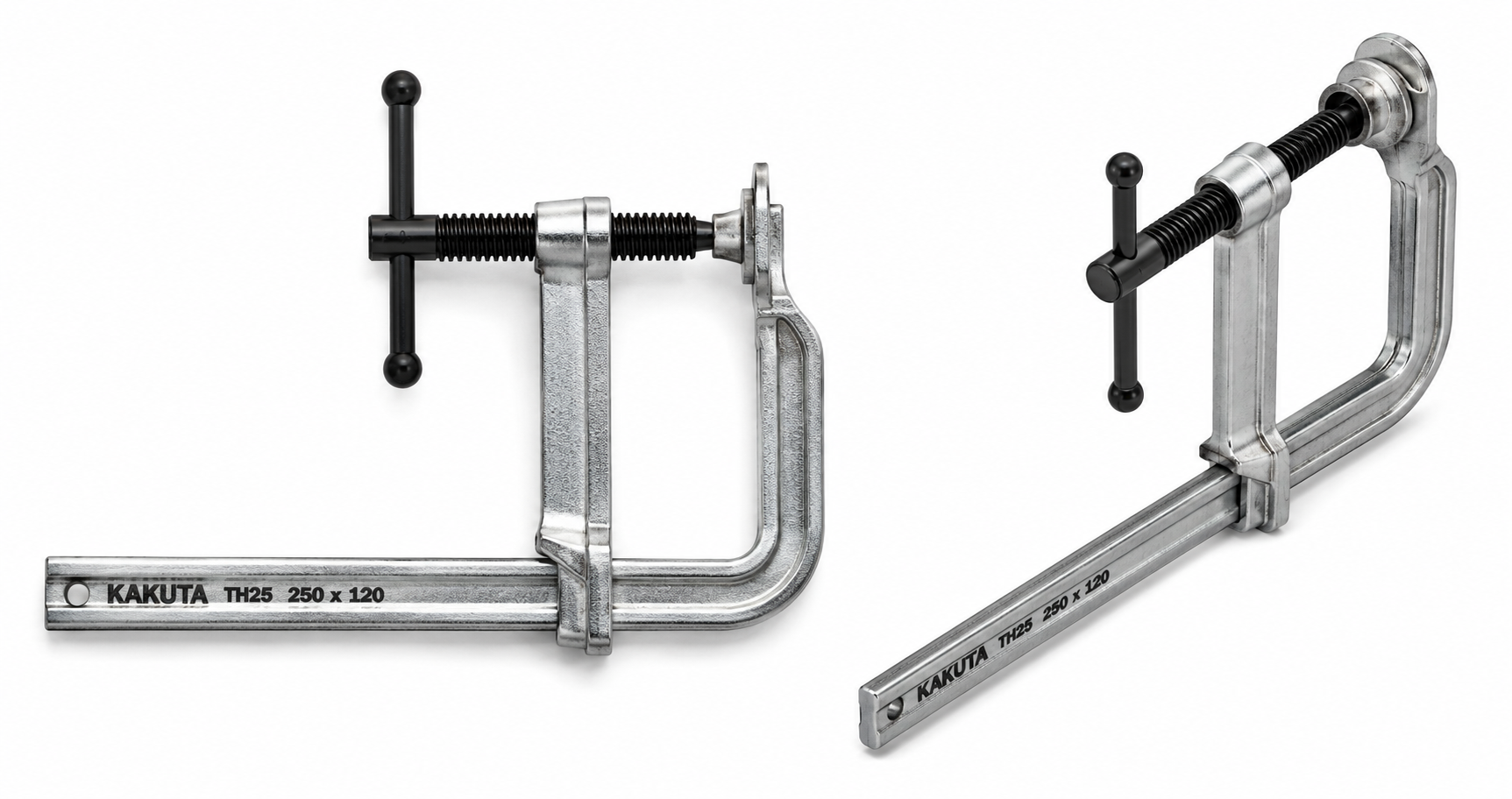 Kakuta TH25 heavy-duty F-Clamp shown in front and angled views with a forged steel rail, sliding arm, and T-handle screw spindle, isolated on a white background for industrial workholding applications.
