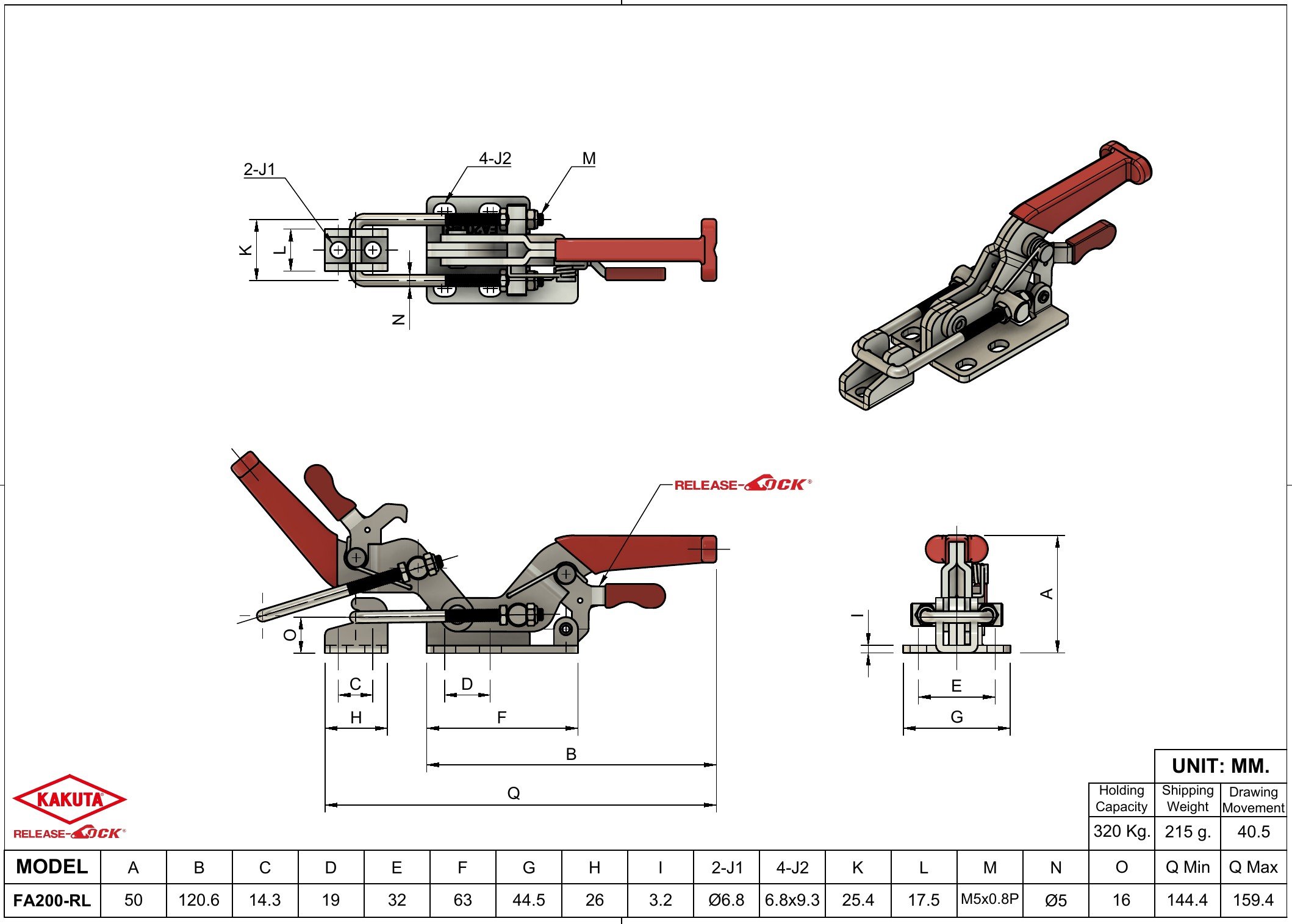 Kakuta FA 200-RL Release-Lock latch type toggle clamp dimension drawing (mm)