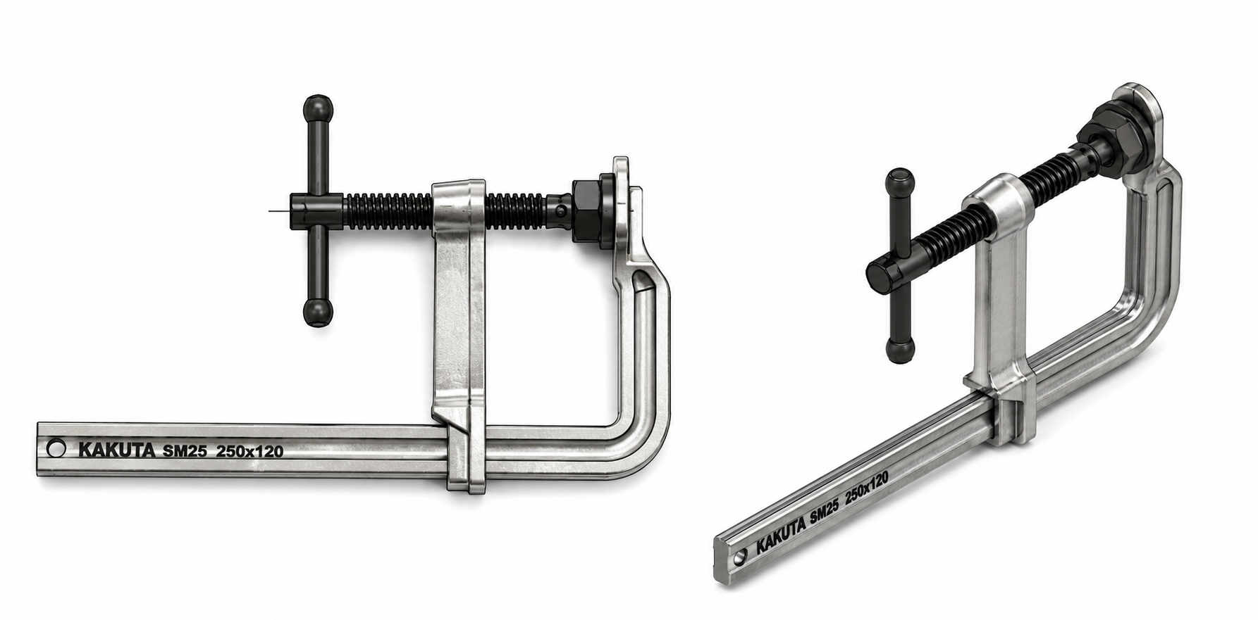 Kakuta SM25 heavy-duty F-Clamp shown in front and angled views with a forged steel rail, sliding arm, and screw spindle, isolated on a white background for industrial workholding applications.