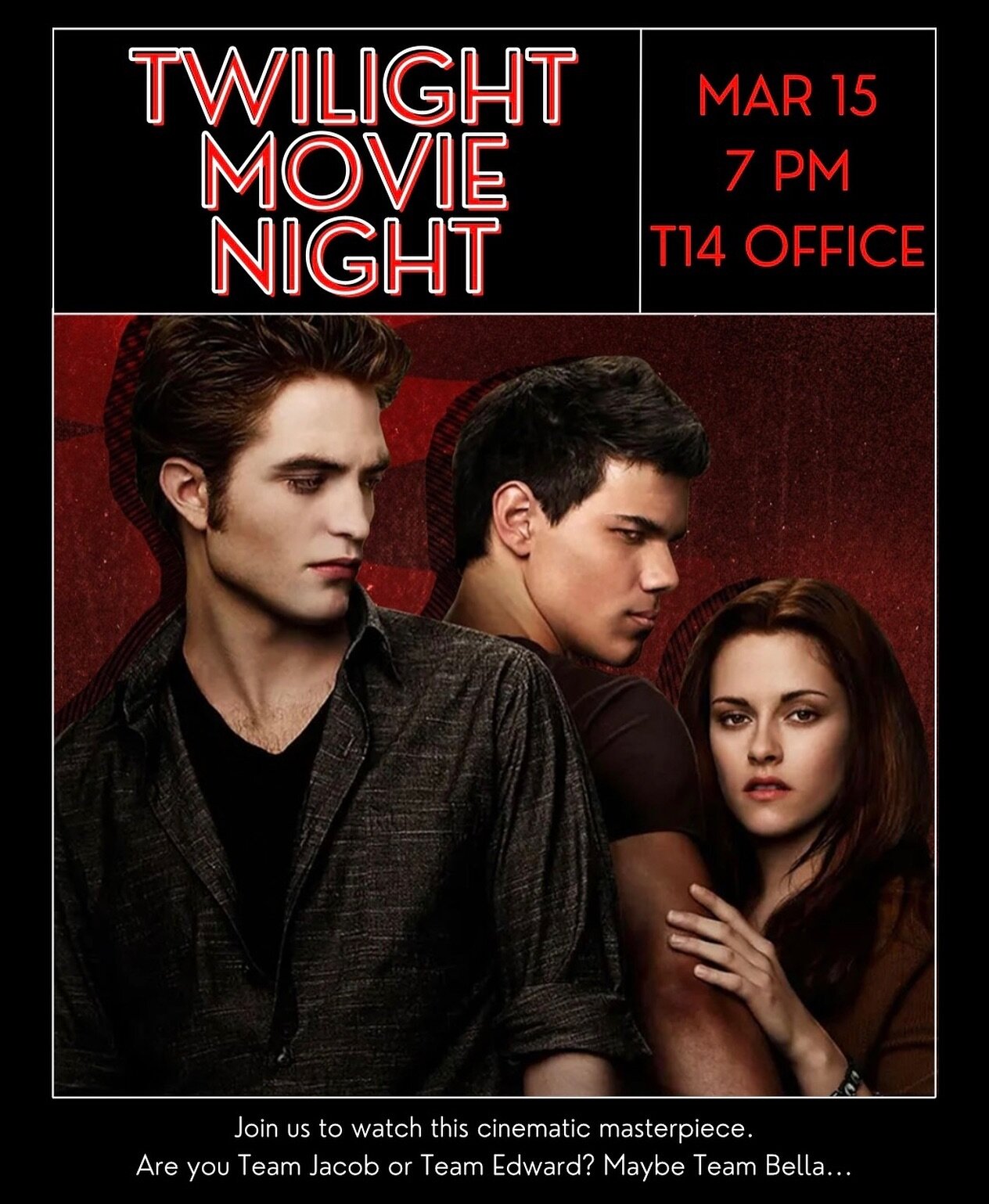 Hello cinema fans! Where ya been loca? We&rsquo;re hosting a Twilight movie night THIS FRIDAY! Starting at 7 pm in the Table 14 office. Don&rsquo;t miss it! 🧛🏼❤️👩🏻❤️🐺