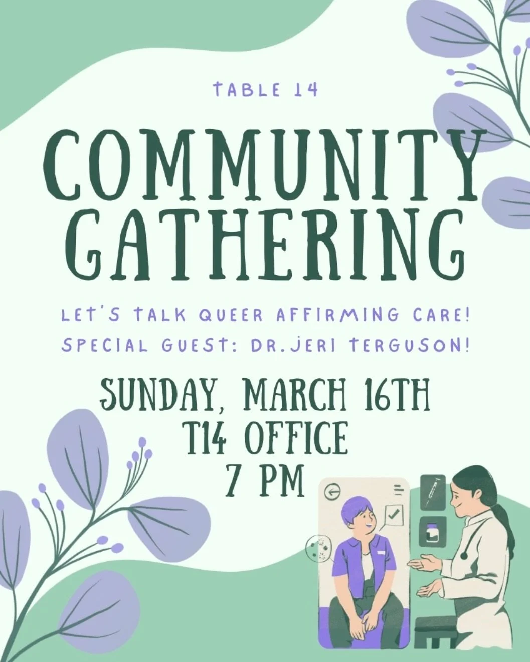 SUPER IMPORTANT INFO WILL BE DISCUSSED! We are really happy to have Dr. Jeri Terguson joining us this Sunday to share her vast expertise in LGBTQIA+ physical and mental healthcare access. We will be having a Q&amp;A session as well as our usual annou