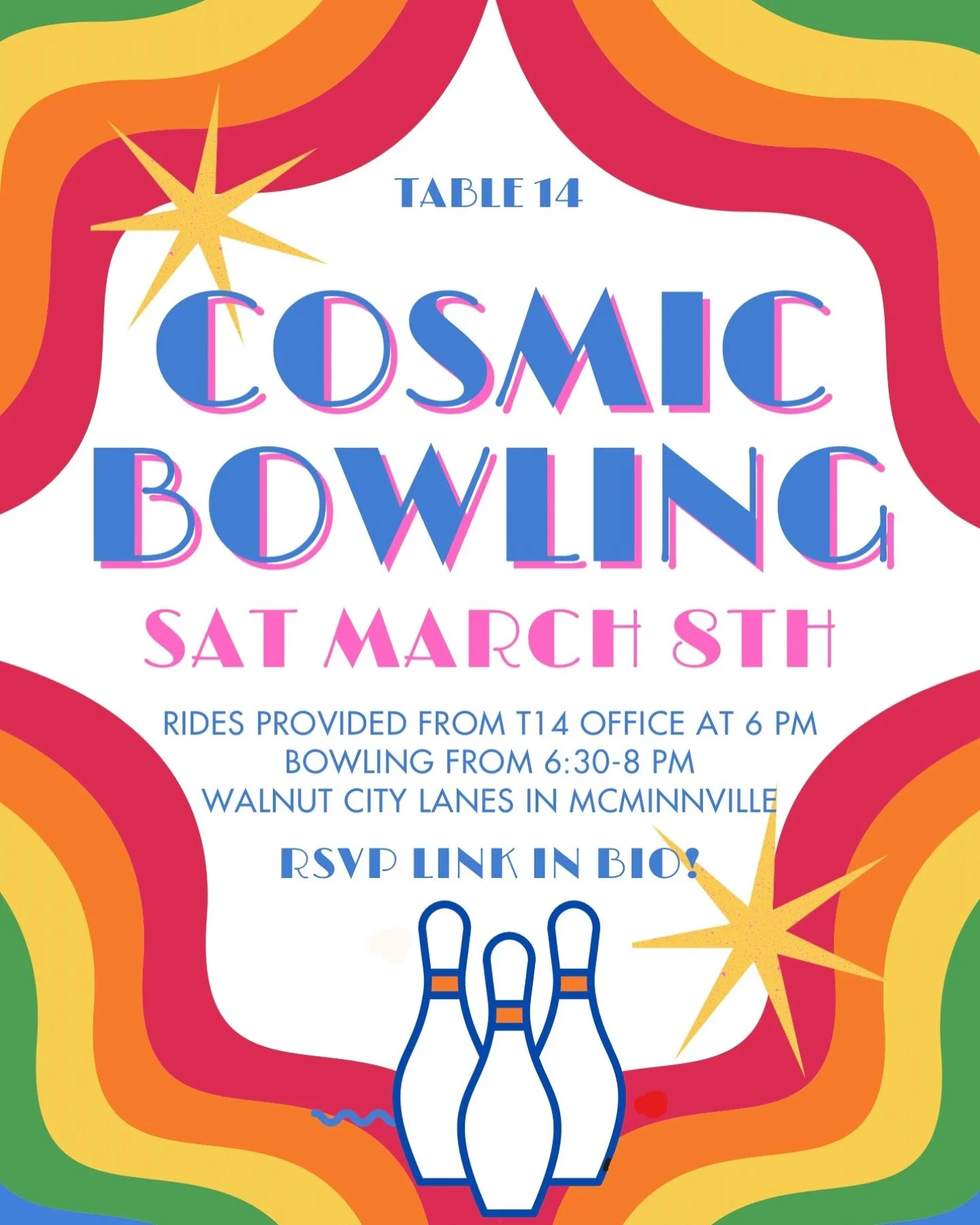 Hiiiii! Time for another fun Table 14 field trip! This time we&rsquo;re going bowling:)) We&rsquo;re going to Walnut City Lanes in McMinnville next Saturday! No cost to attend but we do ask that you RSVP so we can get an accurate head count. Staff wi