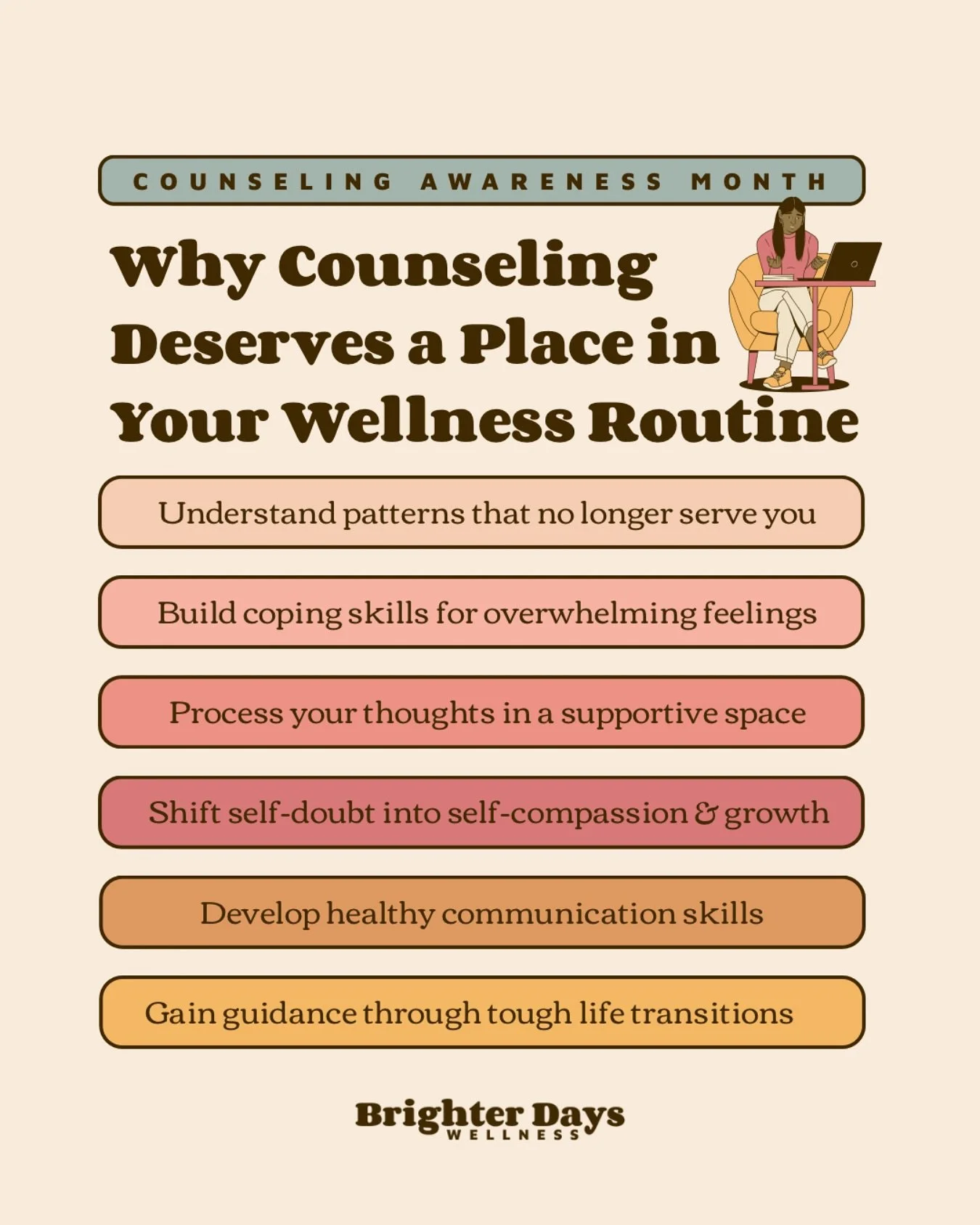 April is #CounselingAwarenessMonth, a perfect time to explore how counseling can enhance your overall mental well-being. 

You don&rsquo;t need to be struggling to benefit from therapy; it can seamlessly fit into your wellness routine, alongside acti