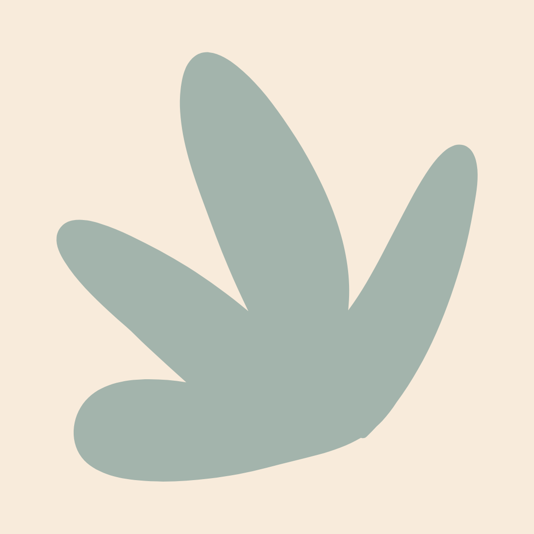 Minimalist abstract drawing of a plant or leaf, in muted green against a light beige background.