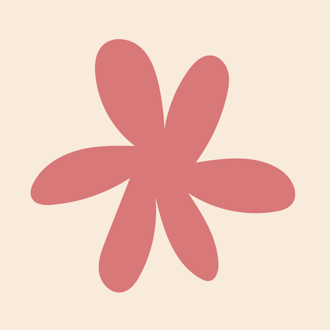 Minimalist illustration of a pink flower with six petals on a light beige background.