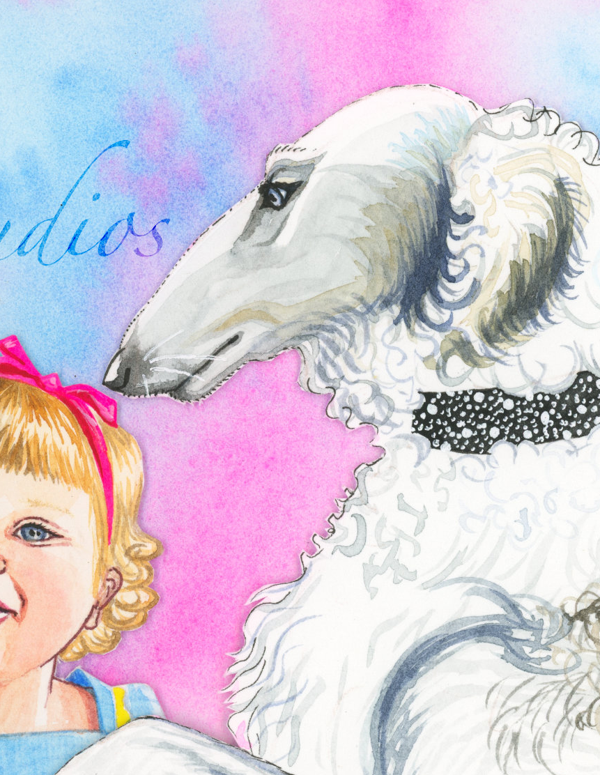 Diego & Spartacus - Avenue Pet Salon. 9"x12" watercolor Collage - detail
